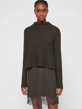 AllSaints Dark Olive Ribbed Long-Sleeve Dress